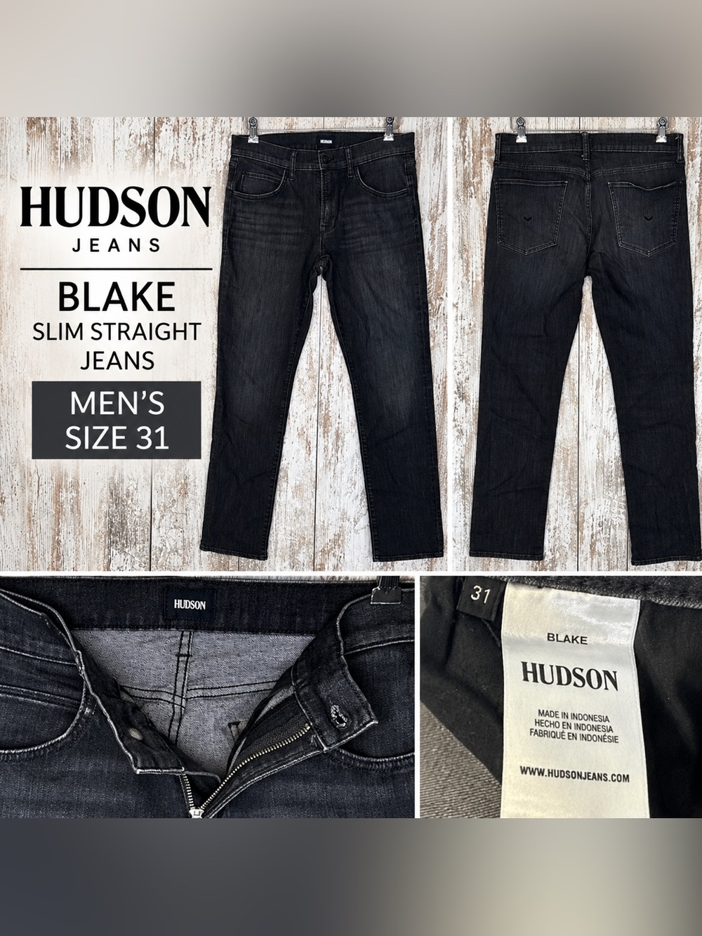 Hudson Blake Slim Straight Jeans Men’s Size 31 Black Dark Wash Denim